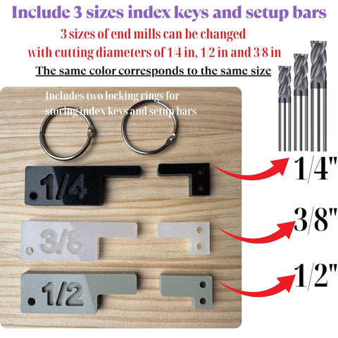 Box Joint Jig For Router Table With 3 Size Index Keys 1/4, 3/8, 1/2 Inch, clear acrylic setup bars, locking rings, end mills