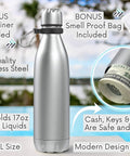 Hidden Storage Water Bottle With Double Wall Stainless Steel Tumbler Leak Proof 17oz Travel Safe Bottle With bonuses shown