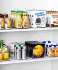 Pantry shelf with 12 Pack Clear Plastic Storage Bins With Labels For Home, Kitchen, Pantry, Bathroom, Office And Cabinets, organizing snacks.