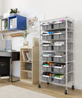 Heavy Duty NSF Bin Rack With Seven Tier Steel Wire Shelving And Twelve Removable Gray Bins For Garage, Warehouse, Office, Restaurant Or Classroom Storage, Built Tough, Easy Access And Super Organized, 25W X 14.25D X 56H in a workspace.