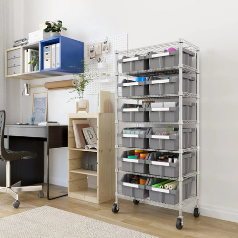 Heavy Duty NSF Bin Rack With Seven Tier Steel Wire Shelving And Twelve Removable Gray Bins For Garage, Warehouse, Office, Restaurant Or Classroom Storage, Built Tough, Easy Access And Super Organized, 25W X 14.25D X 56H in a workspace.