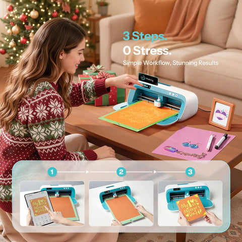 Vinyl Cutter Machine With Print Then Cut in use on a table, crafting materials around, showing Easy 3 Step Workflow For Quick Creative Output.