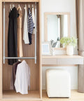 Open closet with adjustable hanging closet rod chrome finish extends from 18.75 to 30.5 inches in 7 positions with clothes hanging