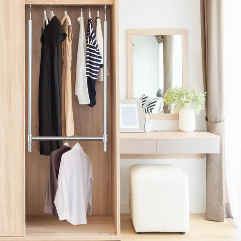 Open closet with adjustable hanging closet rod chrome finish extends from 18.75 to 30.5 inches in 7 positions with clothes hanging