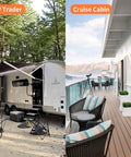 Side-by-side view of RV and cruise cabin with outdoor setups and seating areas in scenic surroundings