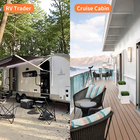 Side-by-side view of RV and cruise cabin with outdoor setups and seating areas in scenic surroundings