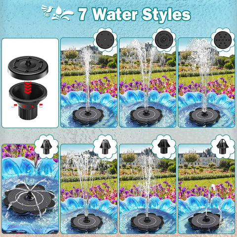 Flower Shape Glass Solar Fountain Pump 3.5W No Battery With 7 Nozzles And 4 Fixer Rods showing water styles
