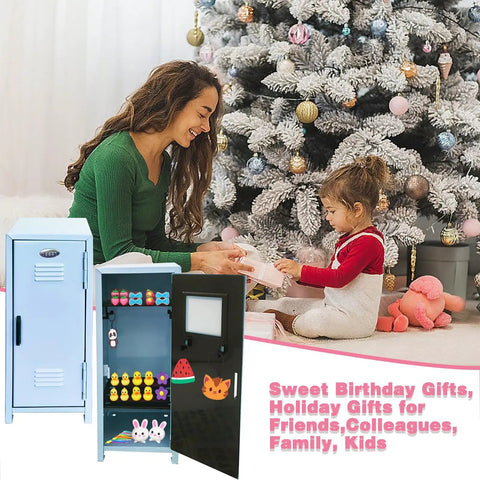 Fresh Blue Mini Metal Locker Box With Reliable Lock And Dope Decorative Stickers Compact Desktop Storage Organizer For Jewelry Cash Stash Girl Gifts Desk Neat Stack with festive backdrop.