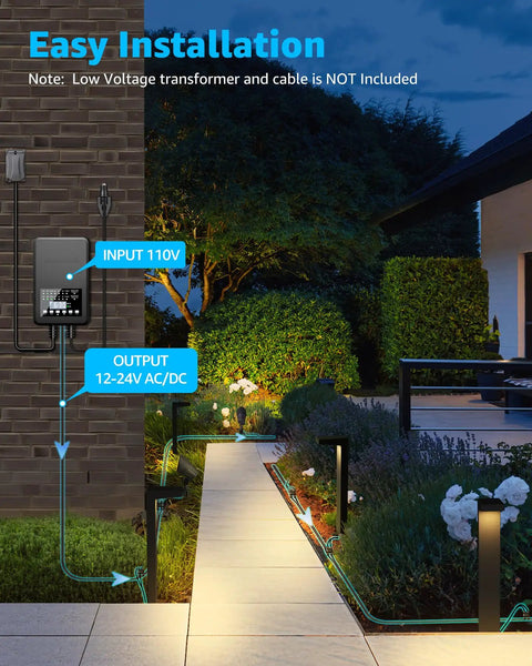 Low Voltage Landscape Lighting Kit 12 to 24V Outdoor LED Lights in Aluminum, pathway illuminated, nighttime garden view