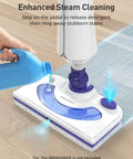 Kick Grime Steam Mop Heavy Duty Floor Steamer Fast 25 Second Heat Up With Detergent Chamber and two reusable microfiber pads in use.