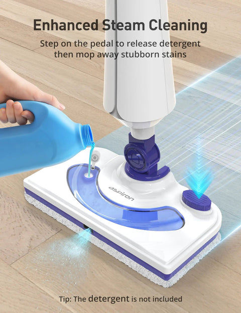 Kick Grime Steam Mop Heavy Duty Floor Steamer Fast 25 Second Heat Up With Detergent Chamber and two reusable microfiber pads in use.