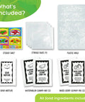 Dinosaur Gummy Lab Kit For Kids Crazy Fun And Delicious Make Up To 72 Dinosaur Shaped Gummies In Purple Mixed Berry And Green Watermelon Flavors With Citric Acid For Sour Gummies Includes 8 Dino Shapes Safe To Eat STEM Cooking Experiment Made In USA kit contents with molds, mixes, bags, and sticker sheet