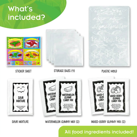 Dinosaur Gummy Lab Kit For Kids Crazy Fun And Delicious Make Up To 72 Dinosaur Shaped Gummies In Purple Mixed Berry And Green Watermelon Flavors With Citric Acid For Sour Gummies Includes 8 Dino Shapes Safe To Eat STEM Cooking Experiment Made In USA kit contents with molds, mixes, bags, and sticker sheet