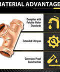 Rock Solid 100 Pack Copper Press Equal Tee Fittings For 1 Inch Plumbing Tubing with corrosion-proof construction details.