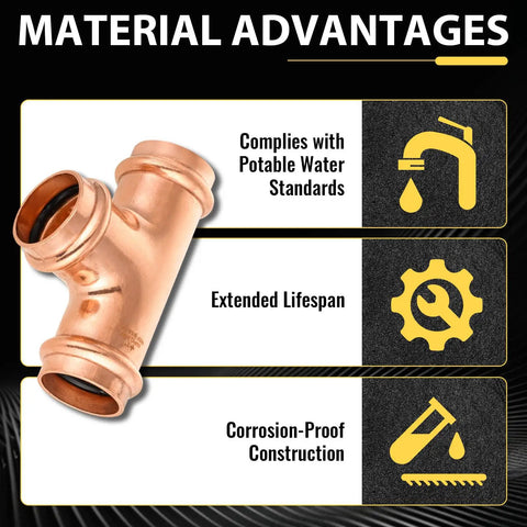 Rock Solid 100 Pack Copper Press Equal Tee Fittings For 1 Inch Plumbing Tubing with corrosion-proof construction details.
