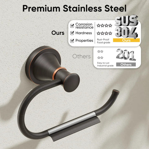 Oil Rubbed Bronze Wall Mounted Toilet Paper Holder With Rustproof Stainless Steel Hanger And Zinc Alloy Base, Heavy Duty Bathroom Accessory showcased with durability rating.