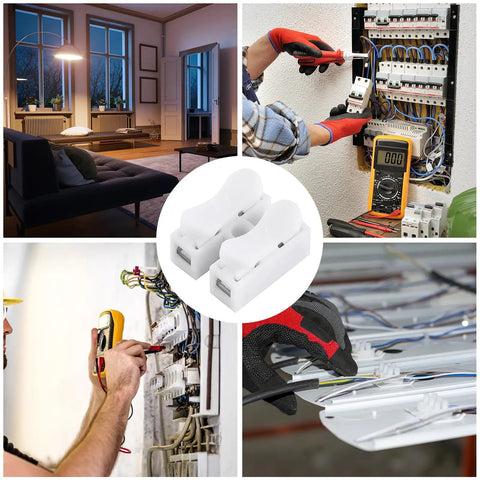 2 Pin Wire Connectors Set With 100 Pcs Spring Terminal Cable Clamps Quick Connectors For LED Strip Light Wiring Durable Flame Retardant Plastic Shell High Conductivity Copper Core For Easy No Fuss Reliable Electrical Wire Joining with examples of installation in electrical setups.