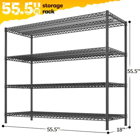Heavy Duty Garage Shelving Unit with 4 Tier Adjustable Wire Shelves 2560 Lbs Capacity 55.5 Inch Wide Industrial Storage Rack for Home Shop and Commercial Use, 55.5 x 18 x 55.5 in black steel