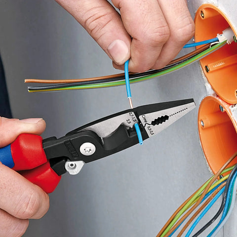 Person using Electrical Installation Pliers 6 In 1 Multi Function Tool with red handles and black finish for electrical wiring.