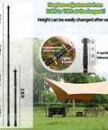Diagram of Adjustable Heavy Duty Tarp Poles 7.6 Ft Aluminum Tent Poles with adjustment instructions and camping setup.