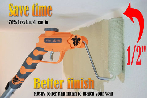 Revolver 2in1 Paint Brush Extender And Roller Holder showing efficient brushing on wall with long handle for high ceilings.