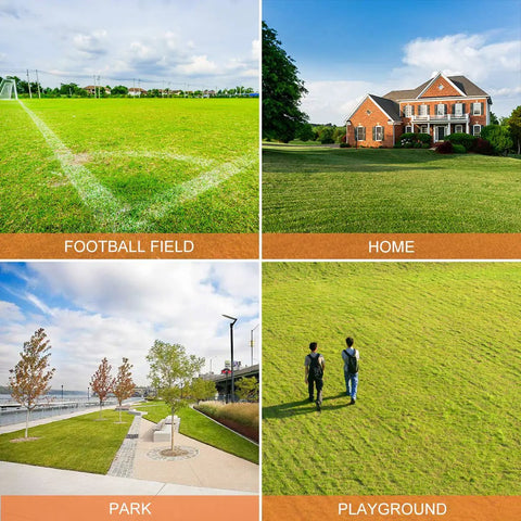 Collage of football field, house with lawn, park with trees, and playground, showcasing lush grass for mowing with 13 Inch Corded 2-In-1 Electric Lawn Mower With Grass Bag Folding Handle Adjustable Cutting Height 12 Amp Push Lawn Mower For Small To Medium Yards And Lawns No Gas No Fuss.