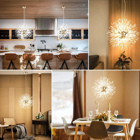 9-Light Dandelion Gold Fireworks Crystal Chandelier illuminating modern dining and living rooms, elegant centerpiece design.