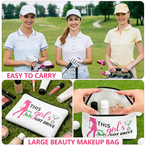 Women golfers holding 30 Pack Golf Gift Bags And Cosmetic Pouches for Women, Inspirational Golf Themed Zipper Pouches in grass setting.