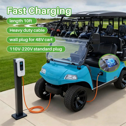Image of Heavy Duty 10 Foot Electric Golf Cart Charging Cable With 16A Quick Charge Three Pin Power Cord in use with electric cart.