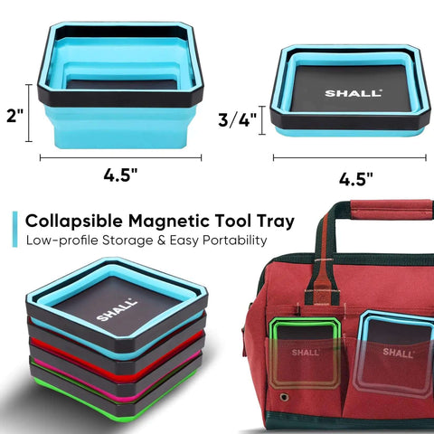 New Version Collapsible Magnetic Parts Tray Set Four Pack with 4.5 Inch Square Silicone Foldable Bowls and Dual Sided Magnetic Base