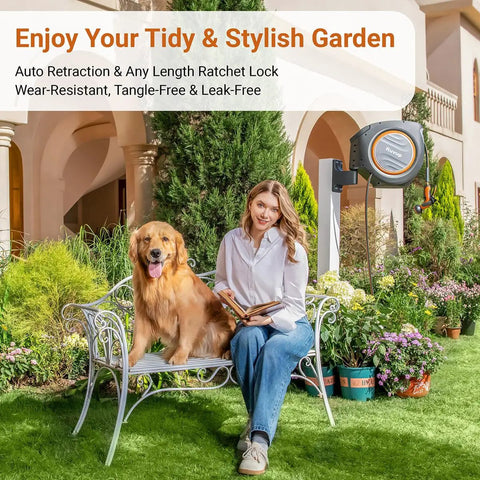 Woman with dog in garden, Retractable Garden Hose Reel With Auto Retraction, 5/8 Inch By 100 Foot Hose, Wall Mount visible on wall.