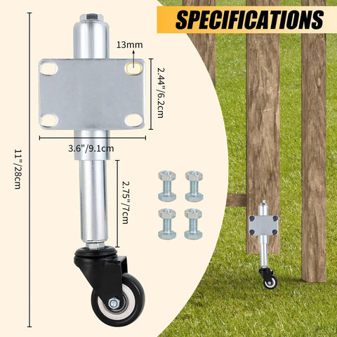 2 Inch Spring Loaded Gate Wheels Heavy Duty Swivel Caster With Retractable Casters attached to a wooden gate