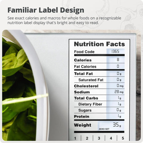 Meal-Prep Go-To Food Scale With Built-In Nutrition Calculator showing nutrition label next to green vegetables