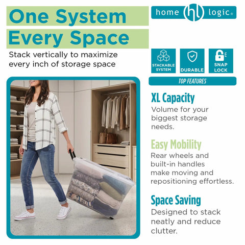 Hella Spacious Thirty Two Gallon Wheeled Storage Totes With Clear Plastic Rolling Bins And Lock Tight Lids For Effortless Moving Loads Smart Garage Makeover And Playroom Stash Setup Four Pack Bundle, woman moving bin with clothes.