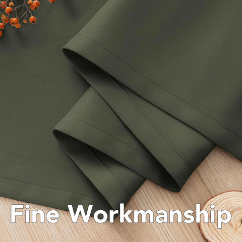 Close-up of olive blackout curtain fabric showing fine workmanship, part of a 52x84 two-panel set, thermal insulated and room darkening.