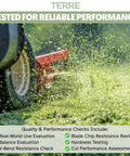 Lawn mower cutting grass demonstrating performance features, includes evaluation checks for blade quality and resistance.