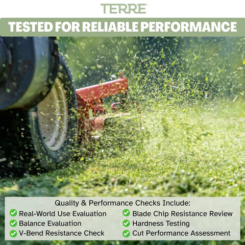 Lawn mower cutting grass demonstrating performance features, includes evaluation checks for blade quality and resistance.