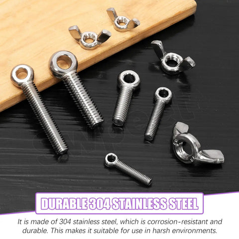 12Pcs M8 X 30mm 304 Stainless Steel Eye Bolts And Wing Nuts Kit with visible bolts and nuts on wood and black background.