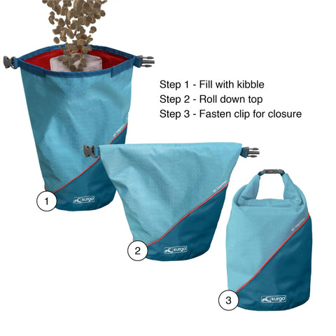 Coastal Blue Kibble Carrier For Dogs: Travel Ready Dry Food Bag With Roll Top Closure, three steps to secure dog food