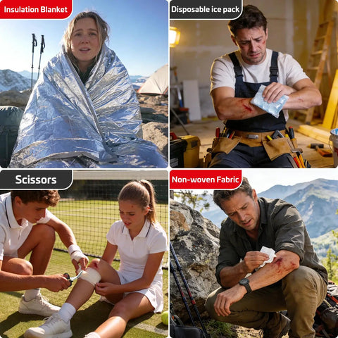 Outdoor scenes showing uses of the Ultimate 382 Piece Portable First Aid Kit for Home, Car, Travel, Camping and Office.