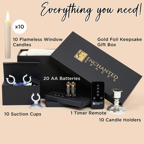 Flameless Ivory Window Candles Kit With 10 Candles And Removable Gold Weighted Plastic Holders, Suction Cups, 20 AA Batteries, Remote Control