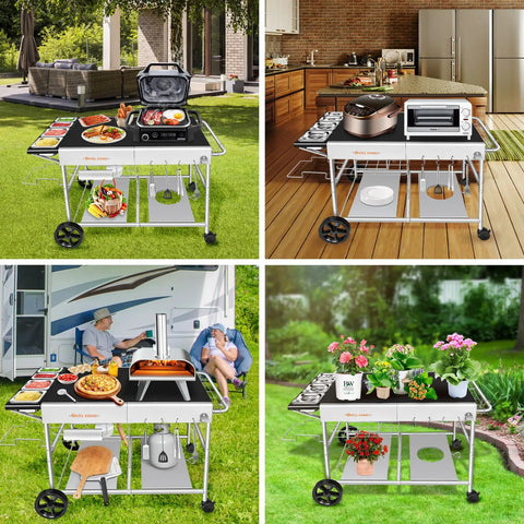 Pizza Oven Table With Topping Station For Outdoor Grills And Griddle Cart Prep Table with built-in compartments and patio setup.