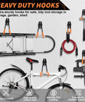 Heavy Duty Garage Hooks Set 20 Pack Wall Mount Utility Hangers For Organization Tool And Ladder Storage Orange With Mounting Screws Space Saving Garage Wall Mounts displaying tools and bike storage options.