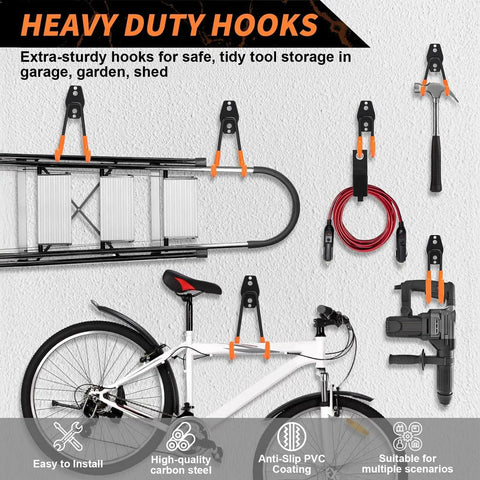 Heavy Duty Garage Hooks Set 20 Pack Wall Mount Utility Hangers For Organization Tool And Ladder Storage Orange With Mounting Screws Space Saving Garage Wall Mounts displaying tools and bike storage options.