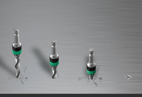 7 Piece Combination Tapping Drill Bit Set with Rapidaptor Quick Change Holder in action creating clean threads