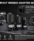 Convert Your Impact Wrench Into An Impact Driver With A Quick Release Adapter Set, showing three Cr-Mo steel adapters with anti-slip grip.