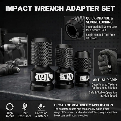 Convert Your Impact Wrench Into An Impact Driver With A Quick Release Adapter Set, showing three Cr-Mo steel adapters with anti-slip grip.