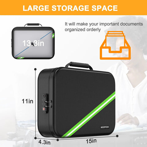 Black Built Tough Fireproof Document Organizer With Lock, 5200 Fahrenheit Heat Insulation, shown with dimensions 15x11x4.3 inches
