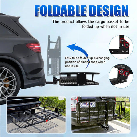 Foldable Hitch Mount Cargo Carrier Basket With 60 Inch Long By 21.5 Inch Wide By 6 Inch High Frame, 500 Lbs Hauling Capacity