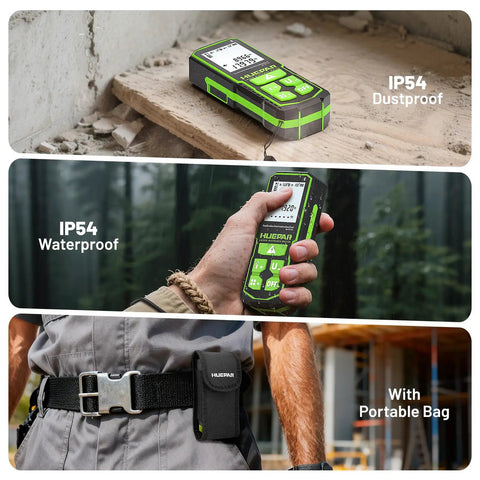 Three views of the 330 Ft Green Laser Measuring Tool With Bluetooth App Control showing IP54 dustproof and waterproof features and portable bag.